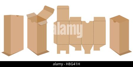 Scatola marrone, cartone, cargo, cartone, chiuso, raccolta, cassa, consegna, design, distribuzione, vuoto, fragile dono, alta Illustrazione Vettoriale