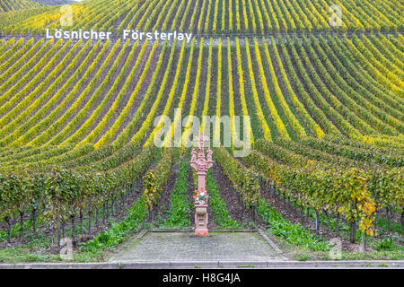 Valle di Mosel, autunno, lato strada croce in un vigneto vicino Kinheim, Germania Foto Stock