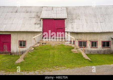 Facciata di un vecchio fienile con porte rosso in Gaspe Peninsila, Provincia di Quebec, Canada Foto Stock