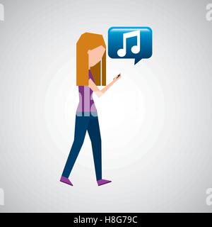 Ragazza ascoltare musica a piedi dello smartphone illustrazione vettoriale EPS 10 Illustrazione Vettoriale