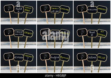 Photo Collage di concetto messaggi scritti con il gesso su legno mini blackboard etichette e lampadina della luce come simbolo per idea Foto Stock