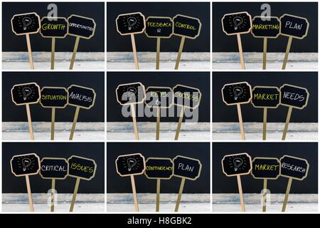 Photo Collage di concetto messaggi scritti con il gesso su legno mini blackboard etichette e lampadina della luce come simbolo per idea Foto Stock