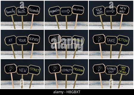 Photo Collage di concetto messaggi scritti con il gesso su legno mini blackboard etichette e lampadina della luce come simbolo per idea Foto Stock