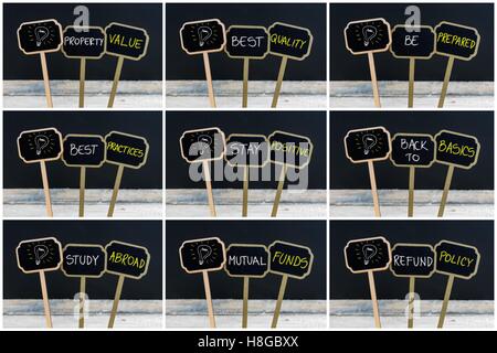 Photo Collage di concetto messaggi scritti con il gesso su legno mini blackboard etichette e lampadina della luce come simbolo per idea Foto Stock