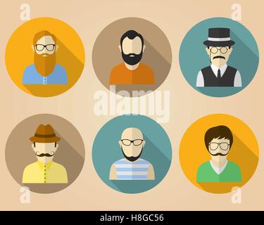Set di avatar maschio o pittogrammi per le reti sociali. Appartamento moderno stile colorato. Illustrazione Vettoriale