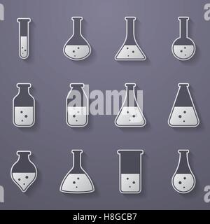 Chimica, scienza biologica attrezzature di laboratorio - provette e matracci icone Illustrazione Vettoriale