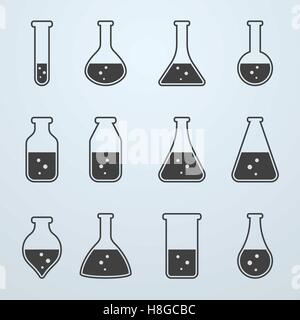 Chimica, scienza biologica attrezzature di laboratorio - provette e matracci icone Illustrazione Vettoriale
