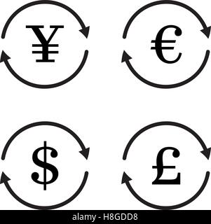 Finanza cambio valuta vector icon set. Yuan, dollaro, euro, sterlina scambio di denaro Illustrazione Vettoriale