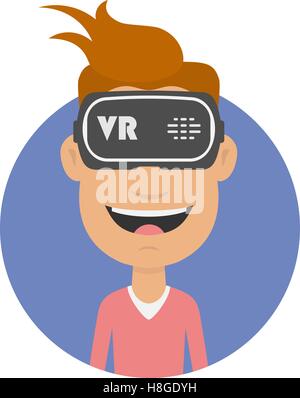 Gioioso e uomo felice in realtà virtuale auricolare. Gaming Cyber tecnologie. Occhiali VR icona piatta. La tecnologia VR. Cartoon virtual Illustrazione Vettoriale