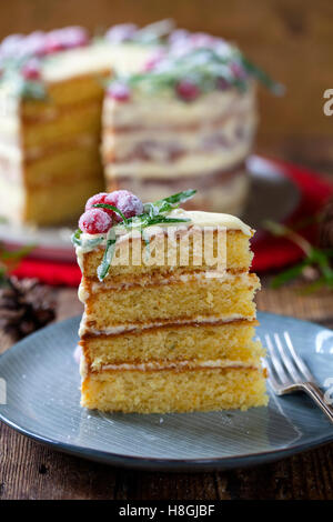 Layered torta di Natale con mirtilli rossi zuccherata e rosmarino Foto Stock