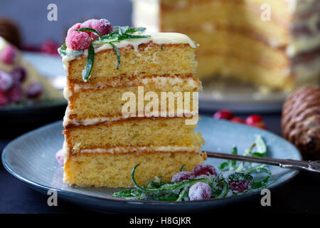 Layered torta di Natale con mirtilli rossi zuccherata e rosmarino Foto Stock