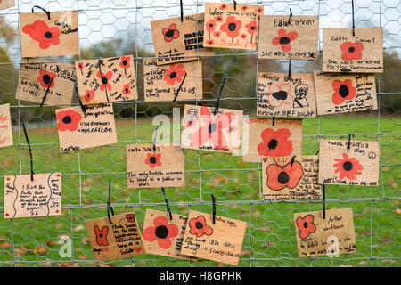 Glasgow, Scotland, Regno Unito. 12 Novembre, 2016. 'DIGGING NELL' , con l aiuto da lettere, diari, fotografie e manuali ufficiali, ricostruito WW1 trincee in Glasgow's Pollok Park, per creare un mozzo per l'apprendimento attivo sulle esperienze umane del conflitto e aiutare ad esplorare il modo in cui i soldati hanno fronteggiato in pericolose e ambienti stressanti. Shoolchildren hanno messo il proprio ricordo simbolo sul perimetro recintato dopo aver visitato le trincee e apprendere circa la guerra. Credito: Findlay/Alamy Live News Foto Stock