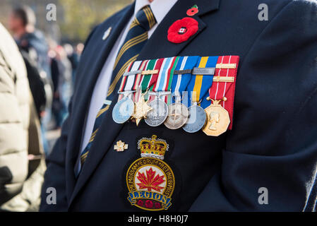 Londra, Regno Unito. Il 13 novembre 2016. Medaglie indossata da Walter Martin, che ha servito nella Royal Canadian Corps di segnali, sono visti come le persone si radunano nel centro di Londra sul ricordo domenica per commemorare i caduti. Credito: Stephen Chung / Alamy Live News Foto Stock