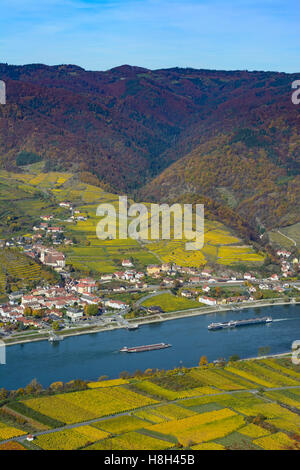 Spitz: vista di Spitz, il fiume Danubio, vigneti da viewpoint Rote Wand, navi, Wachau, Niederösterreich, Austria Inferiore, Austria Foto Stock