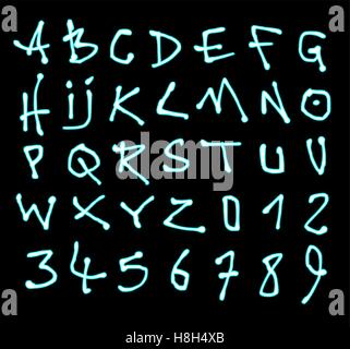 Font di liquido e numero di alfabeto neon su nero Illustrazione Vettoriale