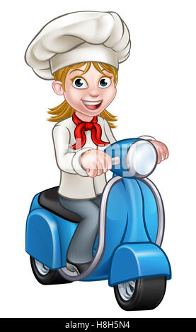 Cartoon donna chef o baker personaggio a cavallo di un ciclomotore di consegna moto scooter Foto Stock