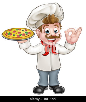 Cartoon chef carattere tenendo una pizza e dando una perfetta ok delizioso gesto cook Foto Stock