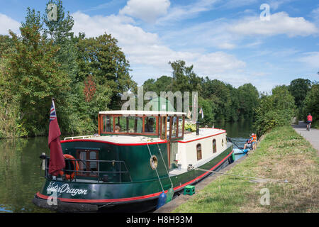 Canal Boat sul Tamigi vicino a Sunbury serratura, Sunbury-on-Thames, Surrey, England, Regno Unito Foto Stock
