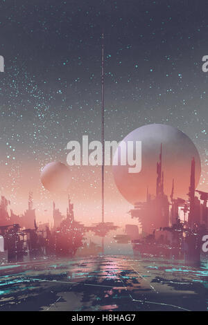 Vista aerea di sci-fi città con edifici futuristici su un pianeta alieno,illustrazione pittura Foto Stock