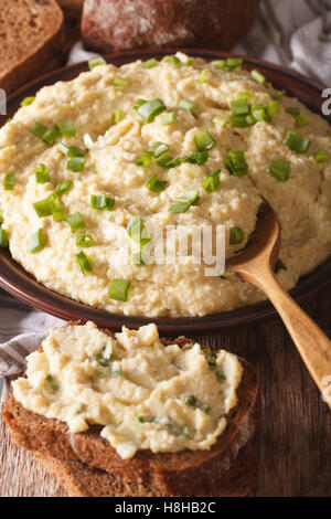 Forshmak ebraico con pane di segale close-up su una piastra verticale. Foto Stock