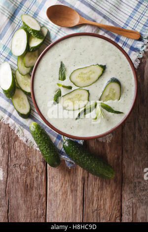 Fredda zuppa di cetriolo con la menta e lo yogurt in una ciotola di close-up. vista verticale da sopra Foto Stock