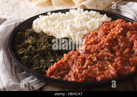Kitfo etiope con erbe aromatiche e formaggio ayibe su una piastra e injera close-up orizzontale. Foto Stock