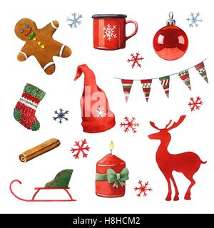 Acquarello dipinto a mano clipart Natale. Foto Stock