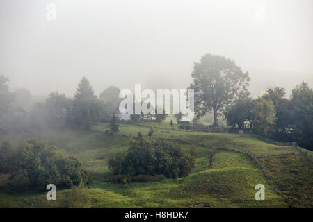 Mattinata nebbiosa in un villaggio sulle colline dei Carpazi Foto Stock