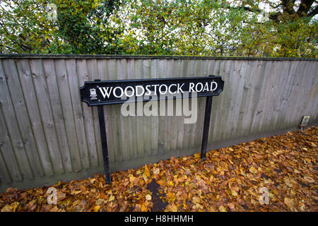 Woodstock strada segno circondato da foglie di autunno a Summertown, North Oxford, Oxfordshire, Regno Unito Foto Stock