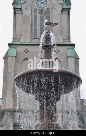 La cattedrale o Domkirken in Kristiansand, Norvegia del sud, l'Europa. Di fronte alla chiesa una fontana di acqua, un gabbiano sulla sua sommità. Foto Stock