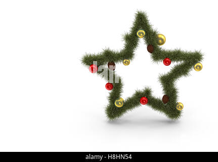 Vacanze di Natale star da rami di abete rosso e lucido palle. Presentato su uno sfondo bianco. Il rendering 3D Foto Stock
