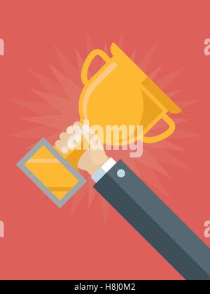 La mano di imprenditore tenendo golden award contro lo sfondo rosso design piatto illustrazione Illustrazione Vettoriale