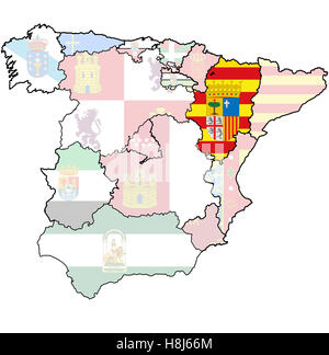 Regione di Aragona sulla mappa di amministrazione delle regioni della Spagna con le bandiere e gli emblemi Foto Stock
