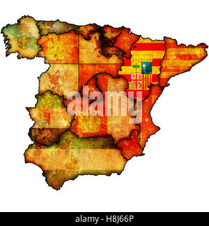 Regione di Aragona sulla mappa di amministrazione delle regioni della Spagna con le bandiere e gli emblemi Foto Stock