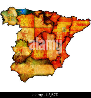 Asturie regione sulla mappa di amministrazione delle regioni della Spagna con le bandiere e gli emblemi Foto Stock