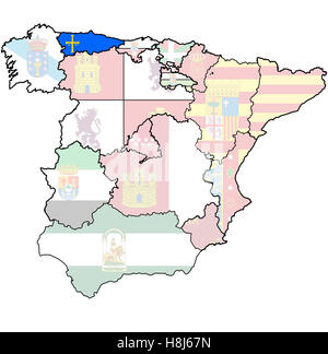 Asturie regione sulla mappa di amministrazione delle regioni della Spagna con le bandiere e gli emblemi Foto Stock