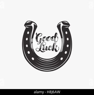Buona fortuna. Il ferro di cavallo con iscrizione. Vettore simbolo o icona Illustrazione Vettoriale