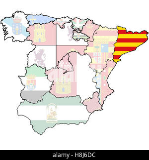 Catalonia regione sulla mappa di amministrazione delle regioni della Spagna con le bandiere e gli emblemi Foto Stock