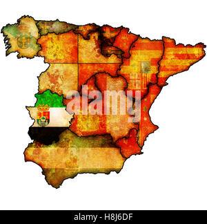 Extremadura regione sulla mappa di amministrazione delle regioni della Spagna con le bandiere e gli emblemi Foto Stock