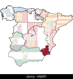 Murcia Regione sulla mappa di amministrazione delle regioni della Spagna con le bandiere e gli emblemi Foto Stock