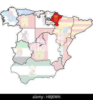 Regione sulla mappa di amministrazione delle regioni della Spagna con le bandiere e gli emblemi Foto Stock
