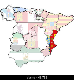 La regione di Valencia sulla mappa di amministrazione delle regioni della Spagna con le bandiere e gli emblemi Foto Stock