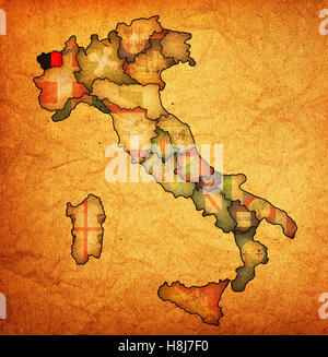 Valle d'Aosta regione sulla mappa di amministrazione di Italia con bandiere Foto Stock