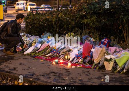 Croydon, Regno Unito. 11 Novembre, 2016. Omaggi floreali a sinistra per le vittime dell'incidente del tram. Foto Stock