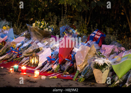 Croydon, Regno Unito. 11 Novembre, 2016. Omaggi floreali a sinistra per le vittime dell'incidente del tram. Foto Stock