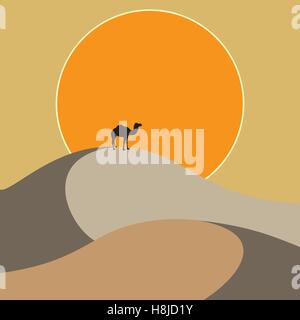 Cammello in piedi sulle dune di sabbia al tramonto sullo sfondo. Sfondo per società di viaggi. Illustrazione Vettoriale il paesaggio del deserto Illustrazione Vettoriale