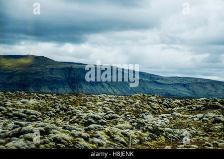 Epico paesaggio surreale in Islanda con erba verde e rocce Foto Stock