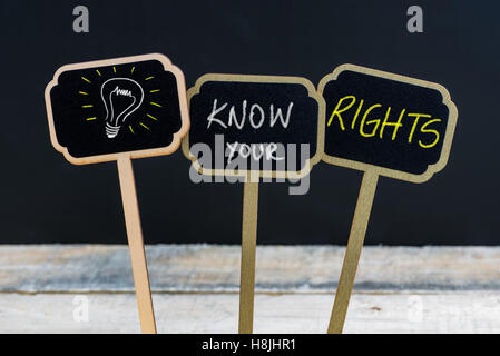 Messaggio di concetto di conoscere i propri diritti e la lampadina della luce come simbolo per idea scritto con un gessetto su legno mini etichette di Blackboard Foto Stock