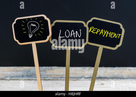 Messaggio di concetto il rimborso del prestito e la lampadina della luce come simbolo per idea scritto con un gessetto su legno mini etichette di Blackboard Foto Stock