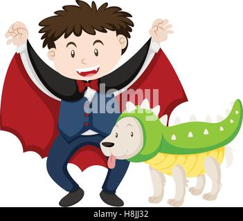 Ragazzo vestito come vampiro e cane come illustrazione di dinosauro Illustrazione Vettoriale